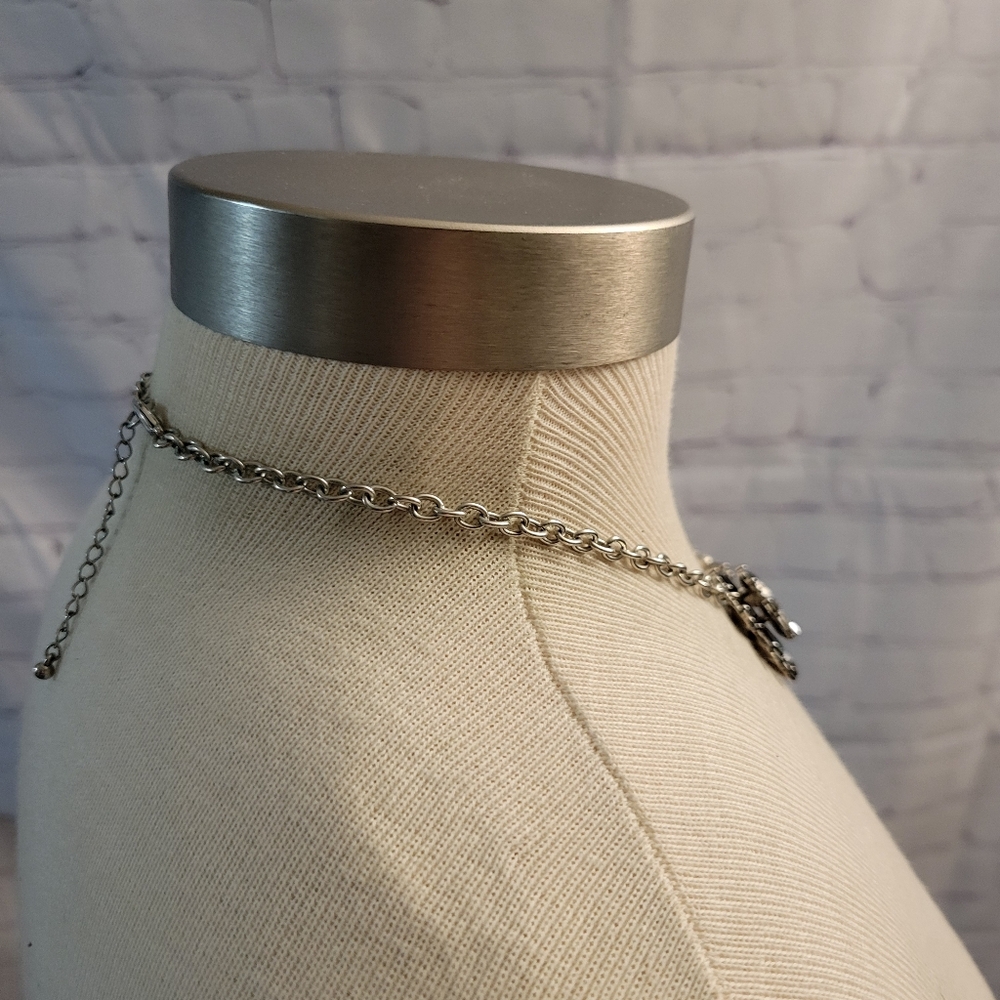 Statement Necklace Silvertone Crystals - image 4